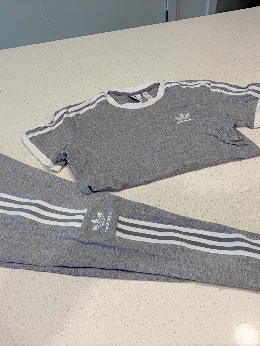adidas Gray Trefoil Top and Stripe Leggings Set
